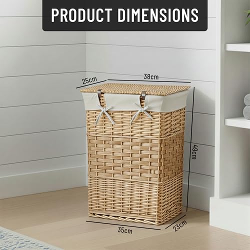 H-line Natural Wicker Laundry Basket With Lining & Lid Bathroom Washing Storage Hamper Bin (Medium) - Image 2