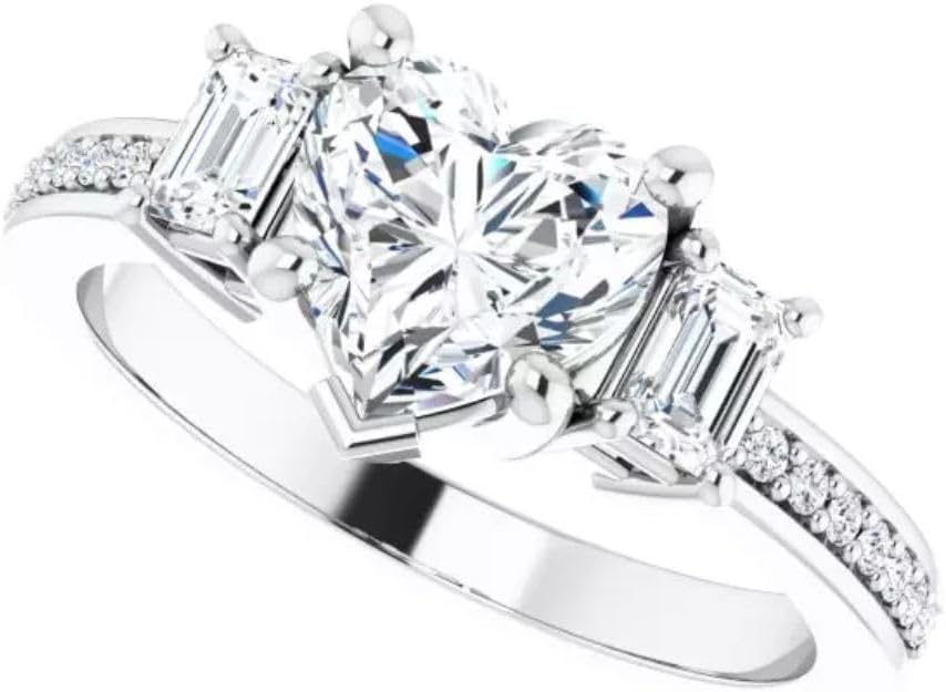 Heart Cut Three-Stone Promise Ring in 925 Sterling Silver Sparkling Baguette Accent Anniversary Vintage Style Pave Wedding Jewelry Romantic Heart Ring for Her