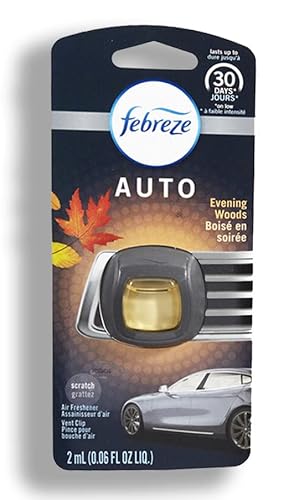 Febreze Car Vent Clip Air Freshener, Odor Eliminator for Strong Odors, Up to 30 Days Freshness, Evening Woods