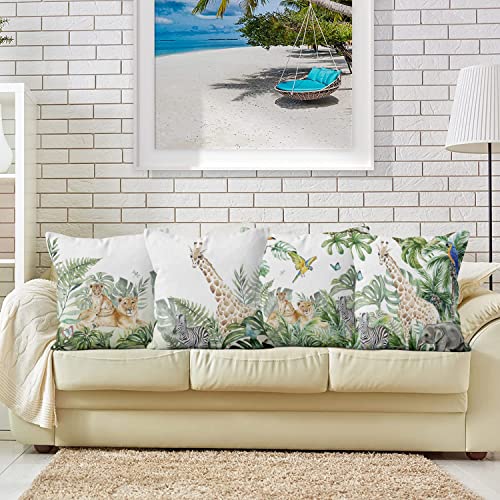 Tropical Green Leaves Pillow Covers 18X18 Set Of 4, Animal Print Throw Pillow Covers Giraffe Zebra Parrots Leopard Pillowcase Summer Decorative Monstera Cushion Case For Home Outdoor Yard #TOP3
