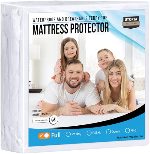 Utopia Bedding Waterproof Mattress Protector Full Size, Premium 200 GSM Terry Mattress Cover, Soft & Breathable Bed Cover, Fitted Sheet Style with Stretchable Deep Pockets 15' (White)
