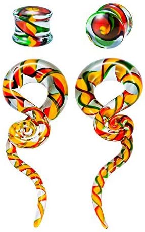 BodyJ4You 4PC Glass Ear Tapers Plugs 4G-14mm Rainbow Swirl Teardrop Spiral Gauges Piercing Set