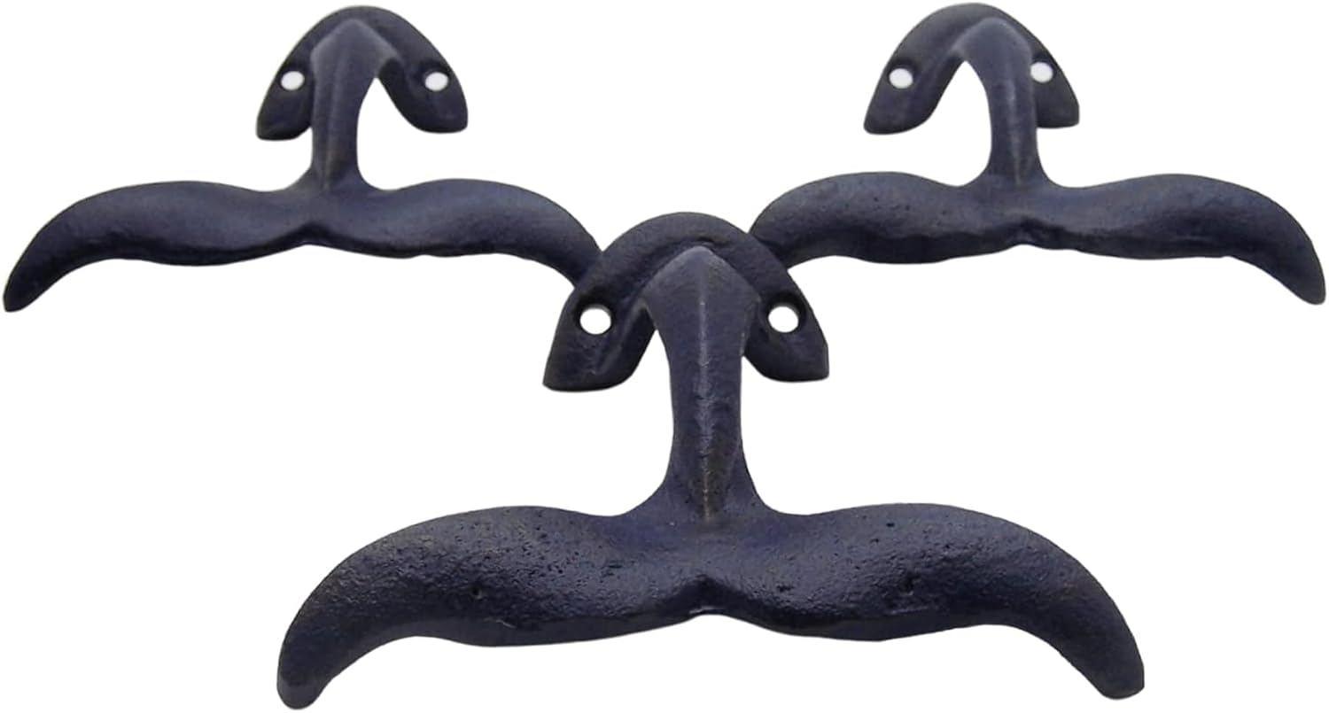 Rustic Dark Blue Cast Iron Whale Tail Wall Hooks, 4 1/2 Inches, Set of 3 image 4