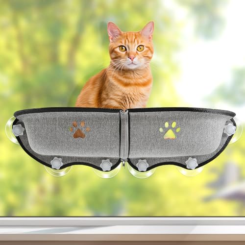 GUUSII HOME Hamaca Gato Ventana con 6 Fuerte Ventosas Cama para Gato Grande Colgante Camita Gatitos Interior Semicerrado Cuna Gato L71*W19*H9 cm Robusta Fácil de Instalar sin Taladrar (Gris, L)