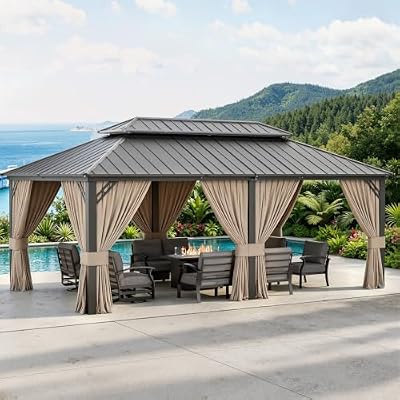 RTDTD 12' x 20' Hardtop Gazebo,Outdoor Permanent Pavilion Double Galvanized Steel Roof Pergola with Nettings and Curtains,Patio Sunshade Gazebos for Patio Lawns Backyard Deck,Brown