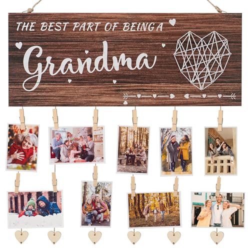Grandma brag board Grandma Gifts Nana Photo Holder, Mothers Day Gifts for Grandma from Granddaughter and Grandson, Grandkids Photo Frame Nana Gigi Grandmother Present Hanging Photo Frame with clips and Twine(Brown)