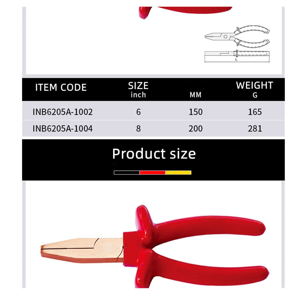 WEDO Pince à bec plat de 20,3 cm de long, isolée sans étincelles, sécurité trempée VDE 1000 V, cuivre béryllium, structure à tête unique, norme DIN