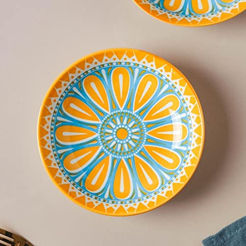 Image of Nestasia Ceramic Round Snack Plate Set of 4 (5.5 Inch Each) - Patterned Dahi Bhalla Plate for Serving Chaat, Halwa, Chakna, & Desserts | Microwave & Dishwasher Safe Small Plate (Blue & Orange)