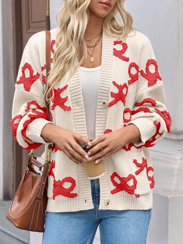 Saodimallsu Womens Bow Cardigan Sweaters Button Up Chunky Knit Loose Fit Fall Winter Sweater Coats with Pockets3