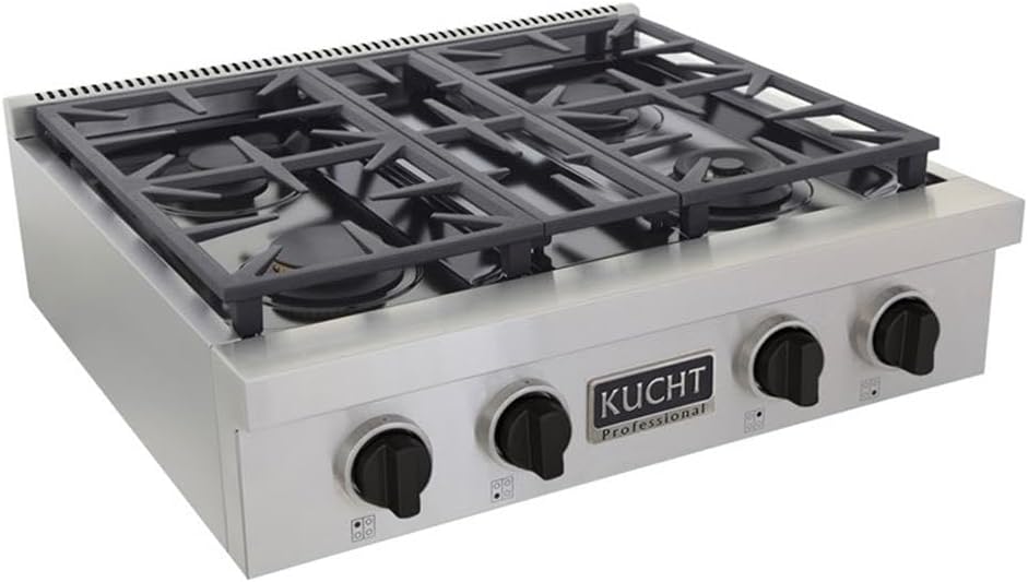 Pemberly Row 30" Natural Gas Range Top, Stainless Steel with Tuxedo Black Knobs, 4-Burner Gas Cooktop, Sealed Burners, Auto Re-ignition, Continuous Rail Design, Manual Controls for Traditional Cooking