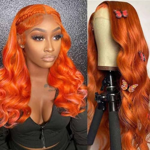 Srakuw Ginger Orange Wear and Go Glueless Wigs Human Hair 13x4 Lace Front Wig (16 Inch)