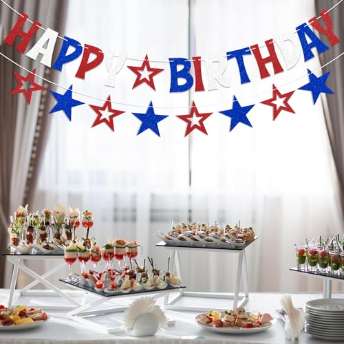 Image of Red White & Blue Happy Birthday Banner Decoration Glitter American Themed Stars Decorations for 4th of July Memorial Day Party Independence Day Birthday Decorations