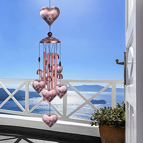 Loving Heart Wind Chimes Outdoor Indoor Decor - With 4 Aluminum Tubes 6 Bells 7 Hearts Mobile Romantic Wind Catcher Heart Shaped Windchimes For Home, Mom Gifts, Balcony, Festival, Garden Decoration #TOP4