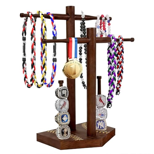 Voyzoz 2-Tier Wooden Baseball Necklace Holder for Drip Necklaces Championship Rings & Sports Jewelry Ideal Gift for Baseball Softball Players Coaches & Fans