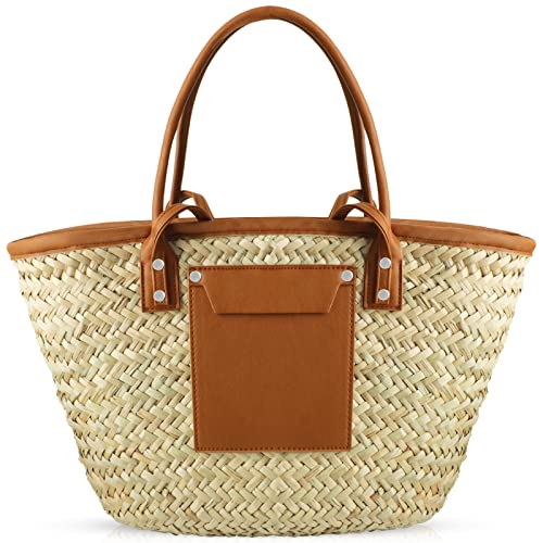 Summer Beach Handwoven Straw Basket Bag With Leather Panels - Rattan Crossbody Shoulder Bag for Women