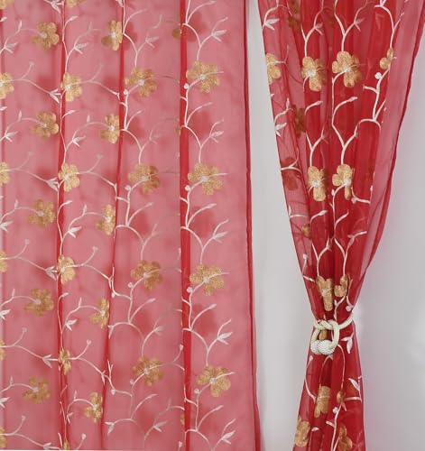 Image of Homefab India Embroidery Floral Net Transparent Sheer Curtain - 7X4 Feet, Door Curtains, Maroon, Pack of 1 Pc