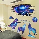 iwallsticker 2pcs Creative Blue Starry Sky Wolf and Moon Stars Wall Decals Galaxy Removable Stickers Living room Decor Home art Kids Bedroom Decal Nursery Sticker Boy Rooms Mural Children Gift Sticker