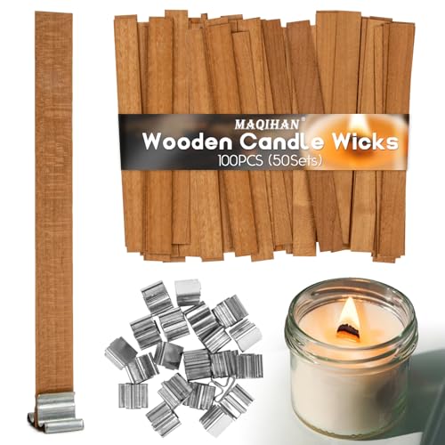 100 Wood Wicks for Candles Making - Smokeless Wooden Candle Wicks Crackling Candle Wax Wood Wick mechas para velas de cera Candle Making Wicks for Paraffin Candle Soy Wax Candlemaking(50 Sets)