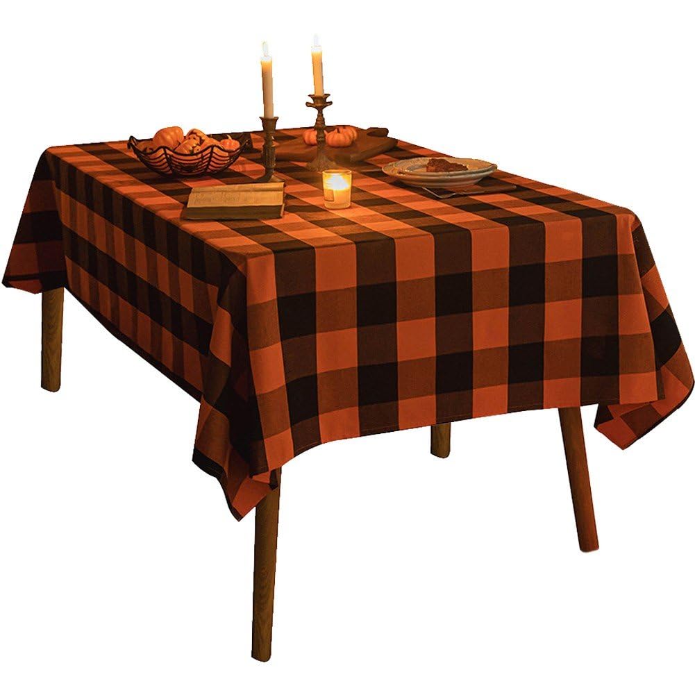 Nappe d'Halloween 140x220 cm à carreaux orange et noir en tissu lavable pour table de salle à manger