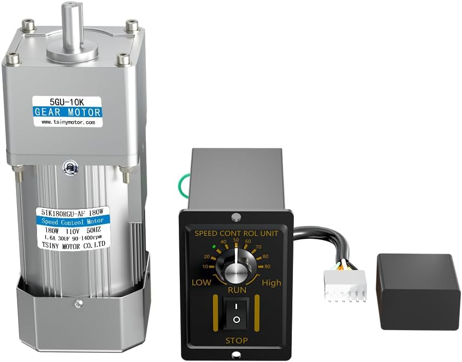 AC 110V 180W Motor + Gear Box (10K) + Speed Controller, Single Phase Electric Motor with High Torque, Variable Speed Motor, Reversible Gear Motor