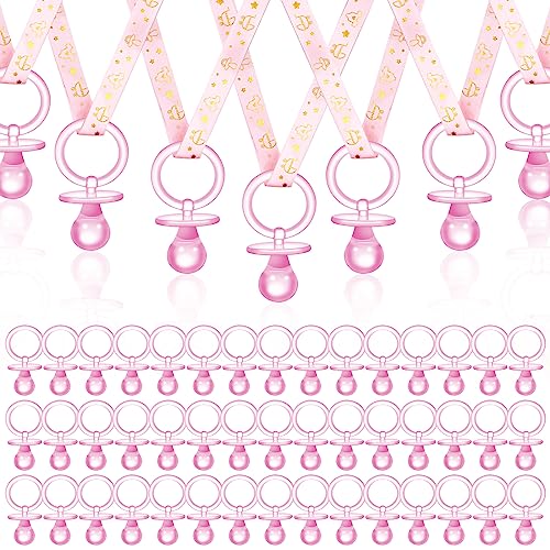 60 Pcs Baby Shower Pacifiers Acrylic Necklace for Chupones Para Baby Shower Pacifiers Party Favors Charm Pacifiers Necklace for Girls Boys Baby Shower Games Party Table Scatter Decorations (Pink)