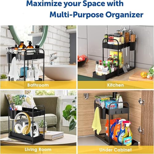 Image of Sink Organizer Rack Adjustable 2-Tier Shelf for Kitchen Cabinet, Expandable Storage Rack with Removable Panels,Professional for Kitchen Bathroom Carbon Stainless Steel (Black)