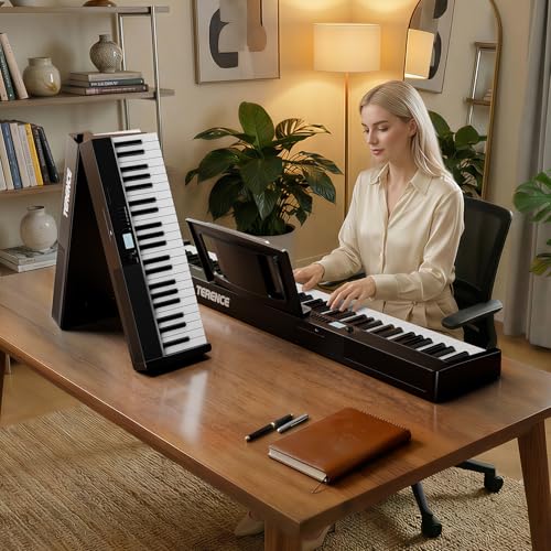 TERENCE V30 Portable Digital Piano 88 Key Weighted Keyboard Built-In 1800mAh Rechargeable Battery,Foldable Piano Keyboard with 2X5W Speakers,Music Stand,Sustain Pedal and Headphone for Beginners,Black