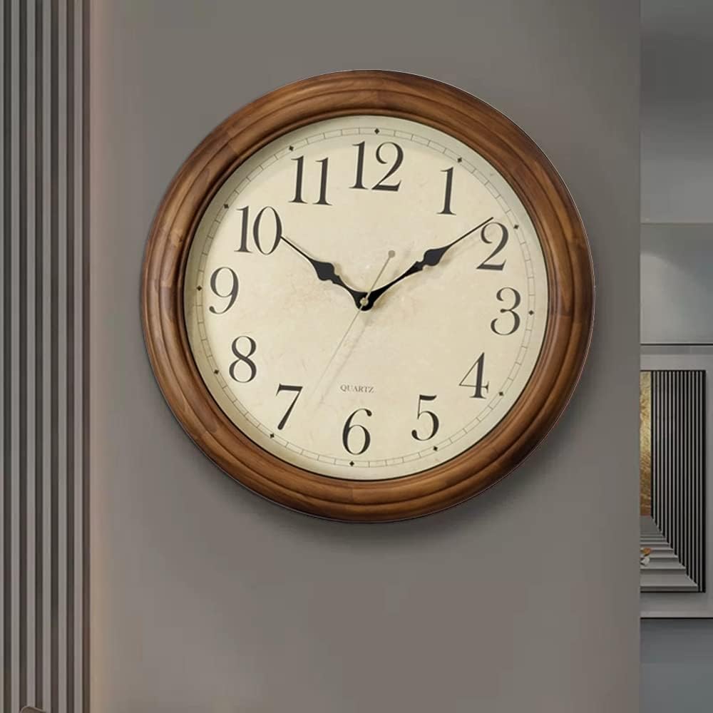 CHIRAY 16-Inch Solid Wood Silent Non-Ticking Decorative Wall Clock with Large Arabic Numerals Battery Operated Analog Retro Clock for Living Room, Kitchen, Bedroom