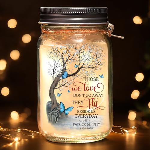 Joy Crafters Those We Love Don't Go Away Personalized Memorial Mason Jars, Sympathy Gifts For Loss of Mom Dad Grandparents, Celebration Of Life Decorations, Grieving Gifts, Mason Jars 16 Oz With Lids