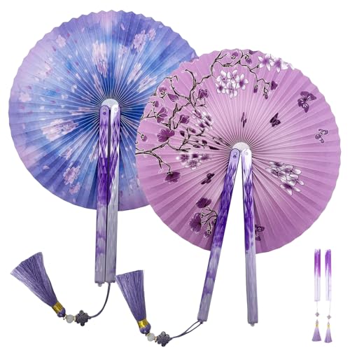 XIAQICA 2 PCS Magnétique Éventails Pliants Rétro Round Ventilateur à Main Pliable Eventail Papier Eventail Mariage avec Frange Style Chinois pour Mariage Danse Fête Performance(Violet,Bleu)