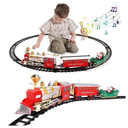 Fulluky Juguete de tracción eléctrico, juego clásico de tren con luz y sonido, kits de construcción de ferrocarril, motor de locomotora, vagones de mercancías y vías, niños a partir de 3 años, niños y