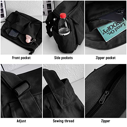 Image of LassZone Canvas Messenger Bag Large Crossbody Bag Hobo Shoulder Handbags Multi Pocket Denim Tote Bag for Women or Men