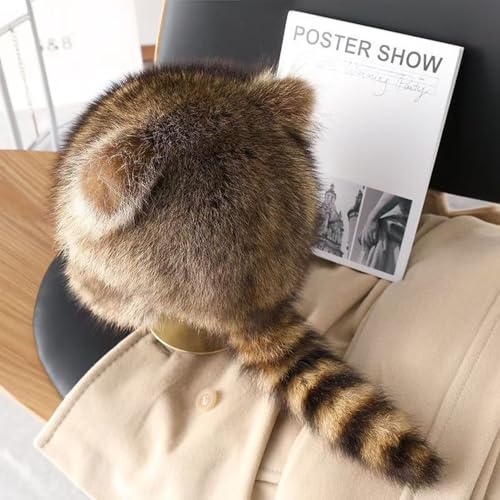 Raccoon Hat Cute Tail Faux Fur, Furry Hat Plush for Men Women's Thick Warm Winter Cosplay Gift4