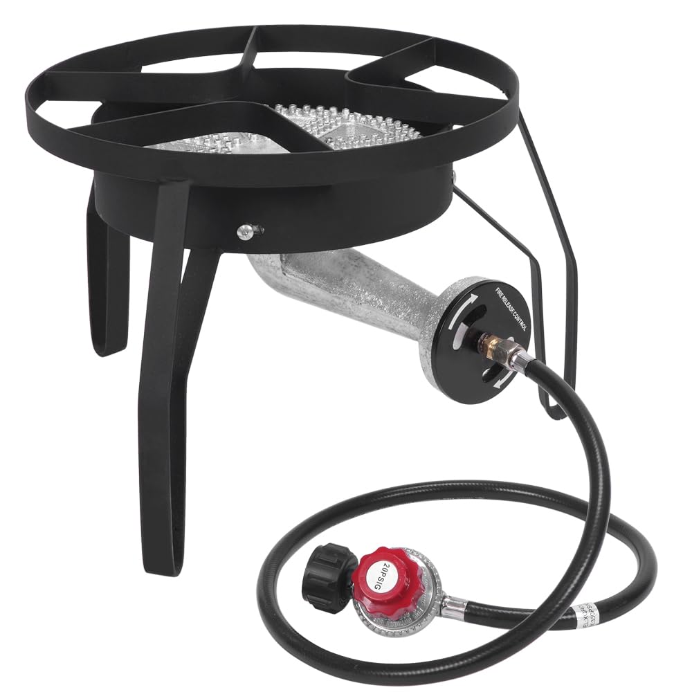 EPOFIT Propane Burners for Outdoor Cooking, 200,000 BTU/hr, Heavy Duty Single Burner Propane Stove with 0-20 PSI Adjustable Regulator and 4ft Hose, Turkey Fryer Burner for Home Brewing, Round