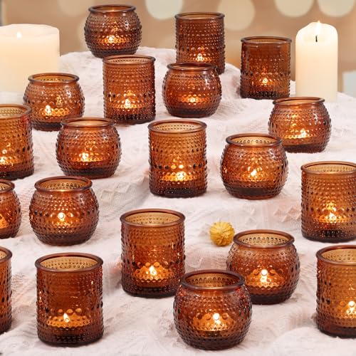 32 Pcs Amber Votive Candle Holders- Vintage Candle Holder for Rustic/Boho Wedding Table centerpieces Bridal Shower Baby Shower Decoration