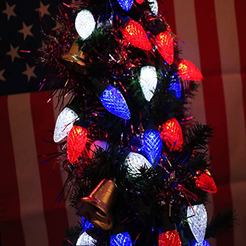 Solar 4Th Of July Lights Outdoor, 50 Led 31Ft C9 Bulb Red White And Blue Lights For 4Th Of July Decorations, Waterproof Outdoor Solar Patriotic Lights For Memorial Day Christmas Garland Balcony Yard #TOP4