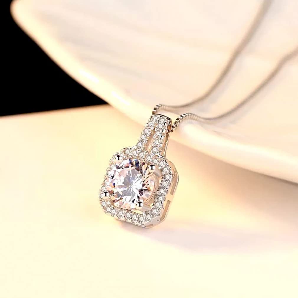 Collane con Ciondolo Quadrato in Argento Sterling 925 con Catena a Collo di Cristallo per Regalo di Gioielli da Donna