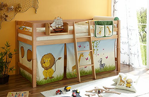 Hochbett Spielbett mit Schrägleiter Tipsi Buche massiv Natur teilbar, Vorhangstoff:Safari Hochbett Spielbett mit Schrägleiter Tipsi Buche massiv Natur teilbar, Vorhangstoff:Safari