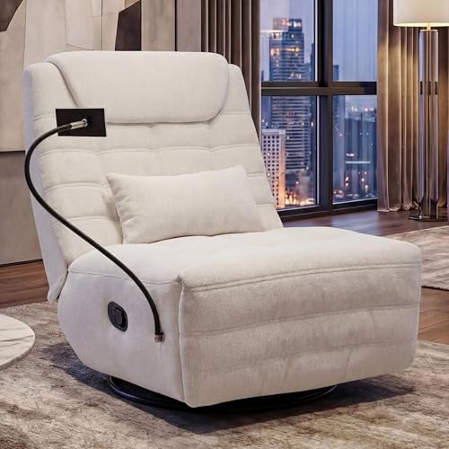 Mendler HWC-P92 - Sillón de relax para TV, giratorio, función inclinable, soporte para teléfono móvil, tela chenilla (260 g/m²), color crema y blanco