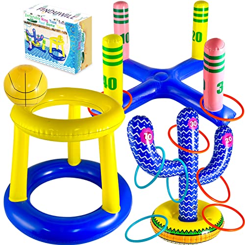 12Pack Pool Floats Toys Games Set For Kids Adults - Inflatable Basketball Hoop With Ball & Cross Ring Toss Game& Cactus Pool Toy With 8 Rings Floating Water Fun Toys For Kids Swimming Party Supplies #TOP17