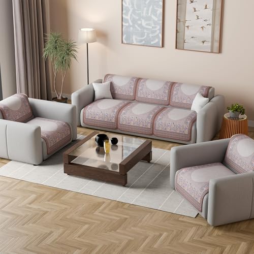 Image of Kuber Industries 5 Seater Sofa Cover | Slipcover for Living Room | Thick & Cozy | Non-Slip Comfort Sofa Cover Set | Rajasthani Border Malibu 1351 - Brown