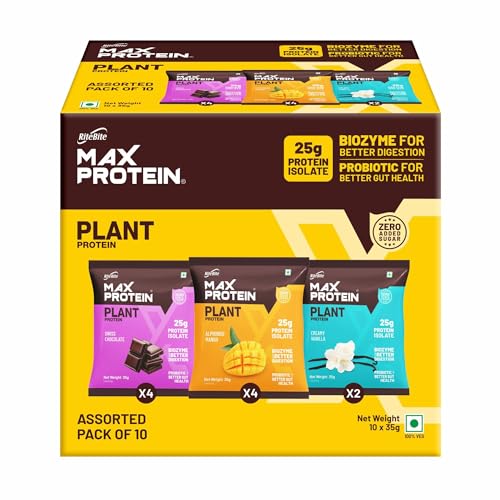 RiteBite Max Protein Plant Protein Assortment Pack of 10 | 2 Swiss Chocolate | 2 Alphonso Mango | 2 Digestive Masala | 1 Cold Coffee | 1 Banana Caramel | 1 Creamy Vanilla | 1 Dark chocolate| 22gm Tasty Vegan Protein| No Added Sugar| For Men, Women (B0BJVPTBHQ) Amazon Price History, Amazon Price Tracker