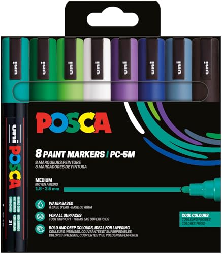 POSCA - Mitsubishi Pencil - Pochette 8 Marqueurs PC5M - Pointe Moyenne - Peinture à Base d'Eau - Tout Support - Couleurs Froides