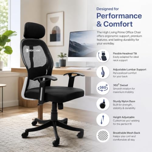 Image of HIGHLIVING Ergonomic Office Chair with Adjustable Lumbar Support, Breathable Mesh Back, Tilted Headrest , 120 Recline, Height Adjustable Swivel Chair with Fixed Armrest & Nylon Base (Black)