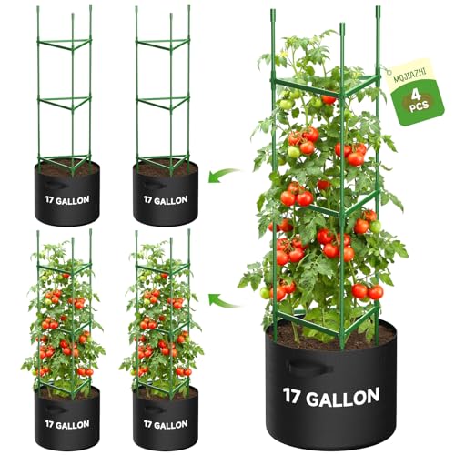 MQJIAZHI 4PCS Tomato Cage with Grow Bags 51in Height Adjustable Tomato Trellis Garden Trellis for Climbing Plants Outdoor Plant Supports for Tomatoes Beans Peppers Vegetables Flowers