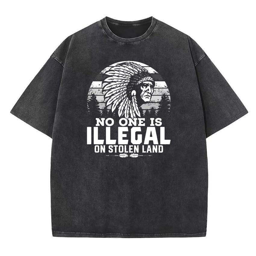 Generic100% cotton native American print vintage Washed t-shirt casual drop shoulder vintage men tshirt streetwear t-shirt men tees (NAmerica07-WsBLK, L)