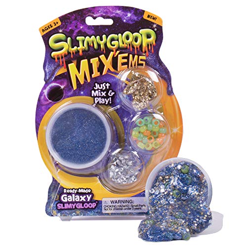Slimygloop Mix'Ems by Horizon Group USA- Galaxy, Mix & Create Your Own Out of This World Sparkly Galaxy Blue Gooey, Putty, Slime with Gold Star Spangles, Silver Sequins & Glow in The Dark Beads