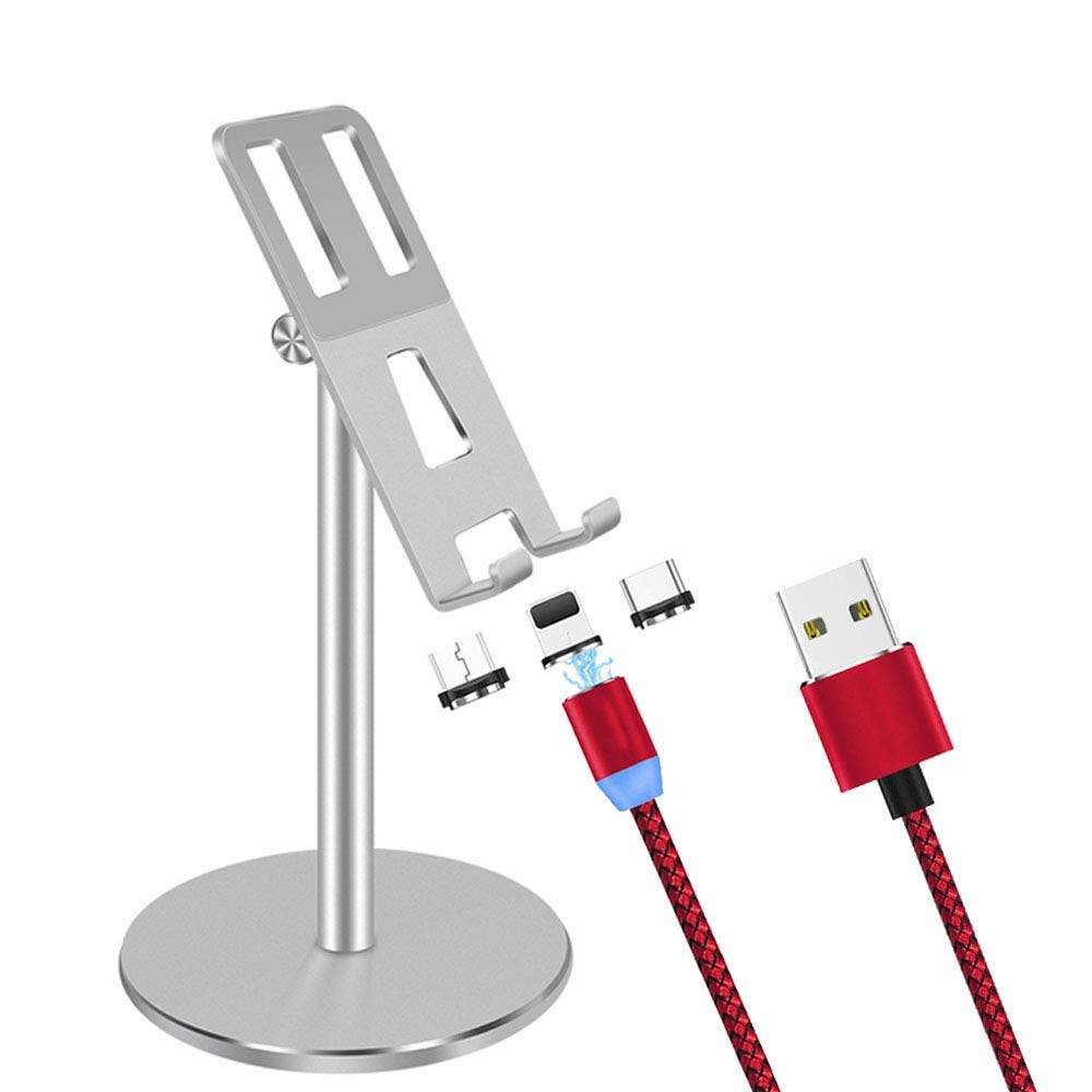 Cell Phone Stand with Magnetic Cable Charger (2in1) Height Angle Adjustable Cell Phone Stand Holder For Desk,Anti-skid Protection Friendly 360° Rotate, Compatiable with iPhone Mobile Phone iPad Tablet
