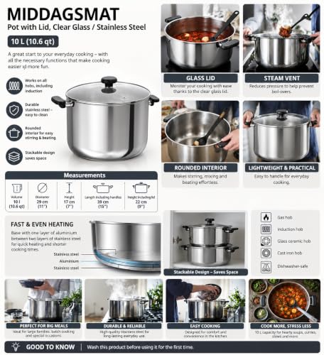Image of MIDDAGSMAT Stainless Steel Pot with Glass Lid, 10 L, Induction Compatible, Dishwasher-Safe, Steam Vent, Stackable Design, Fast Heating Base