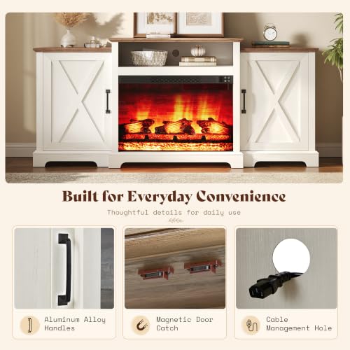 Image of AMERLIFE 70 inch Farmhouse Fireplace TV Stand with Storage for TVs up to 80 inch | Entertainment Center with 29 inch Electric Fireplace, Media Console with 2 Cabinets & Adjustable Shelf, White